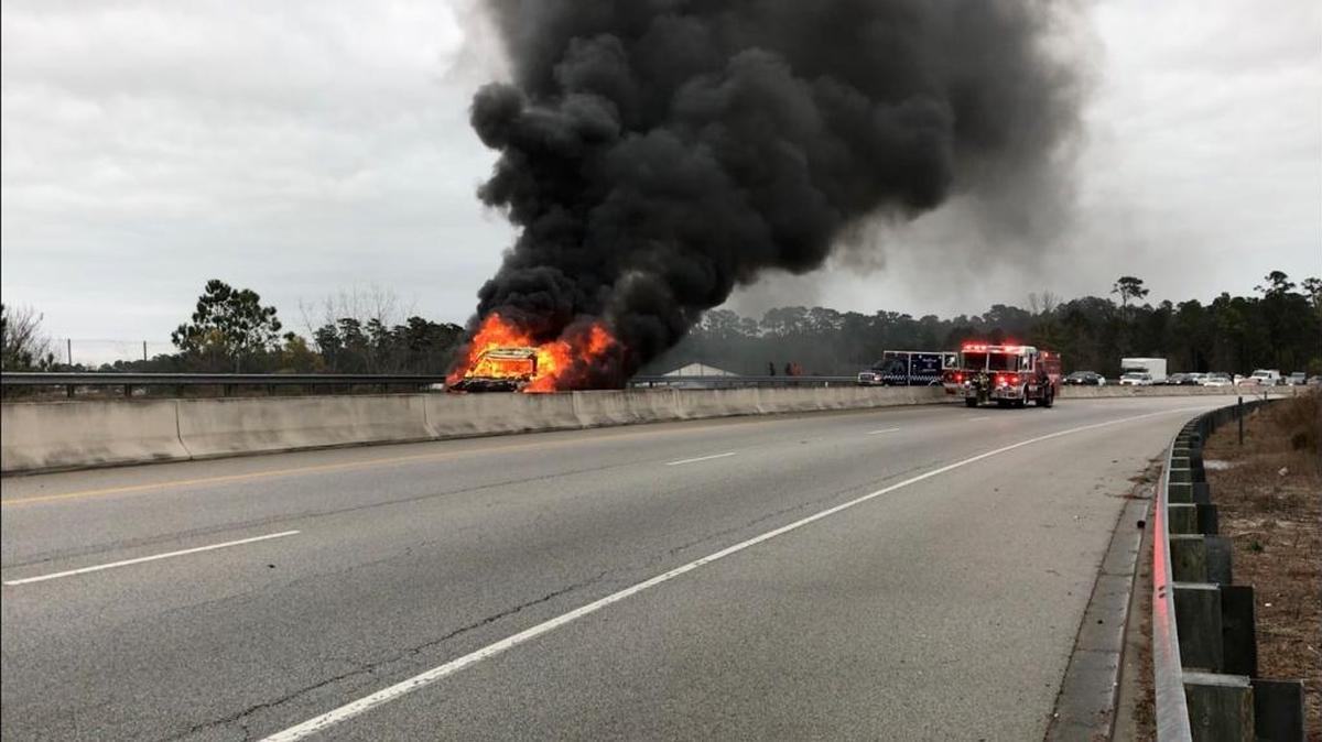 Crews respond to a vehicle on fire on the Robert Grissom Parkway bridge over S.C. Highway 31/Carolina Bays Parkway.