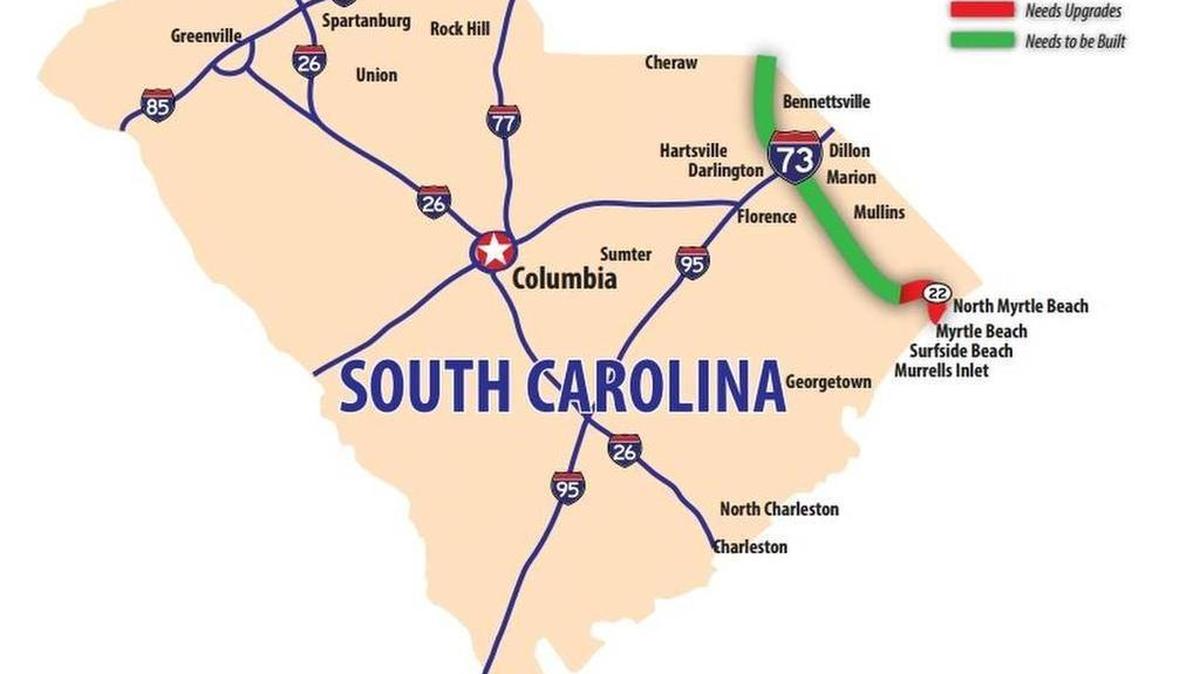 Proposed I-73 route through SC with status of construction National I-73/I-74/I-75 Corridor Association