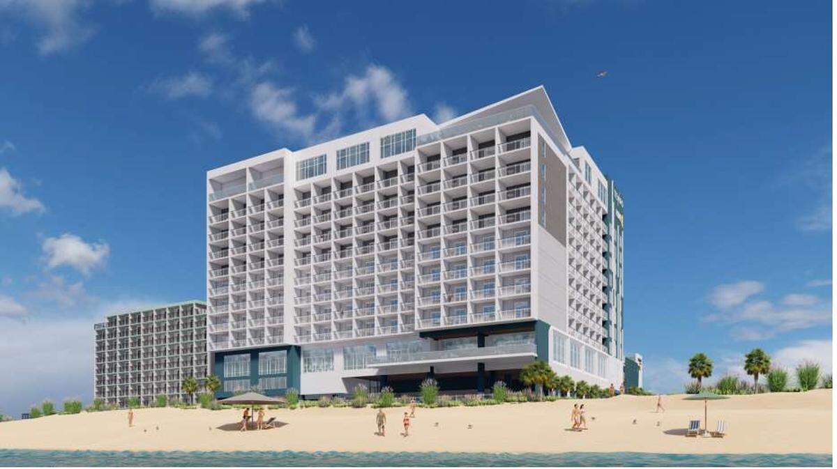 The beach side view of a planned 12-story high rise hotel to be built along Ocean Boulevard in downtown Myrtle Beach.