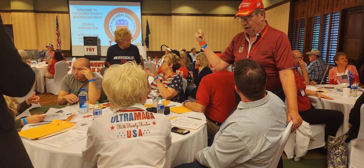 Members of the Horry County Republican Party gathered April 22, 2023 at the Barefoot Landing Conference Center for their annual convention, which included a video message from former president Donald Trump.
