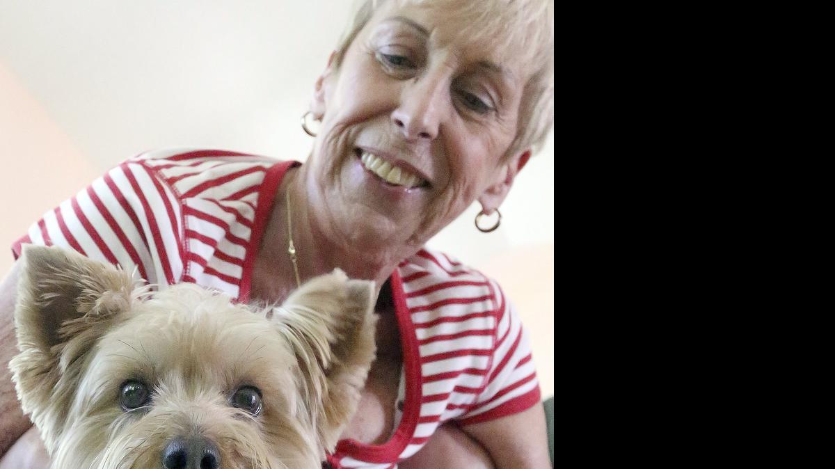 
Pat Loomis holds Yogi at her Myrtle Beach home on Wednesday, April 13, 2015. Last Labor Day she was in a car accident in Conway and Yogi paniced and jumped out the broken window. Conway Police Lt. Reggie Hill lead a search for the dog and reunited the two. Hill was honored last week for helping Yogi and Loomis.
