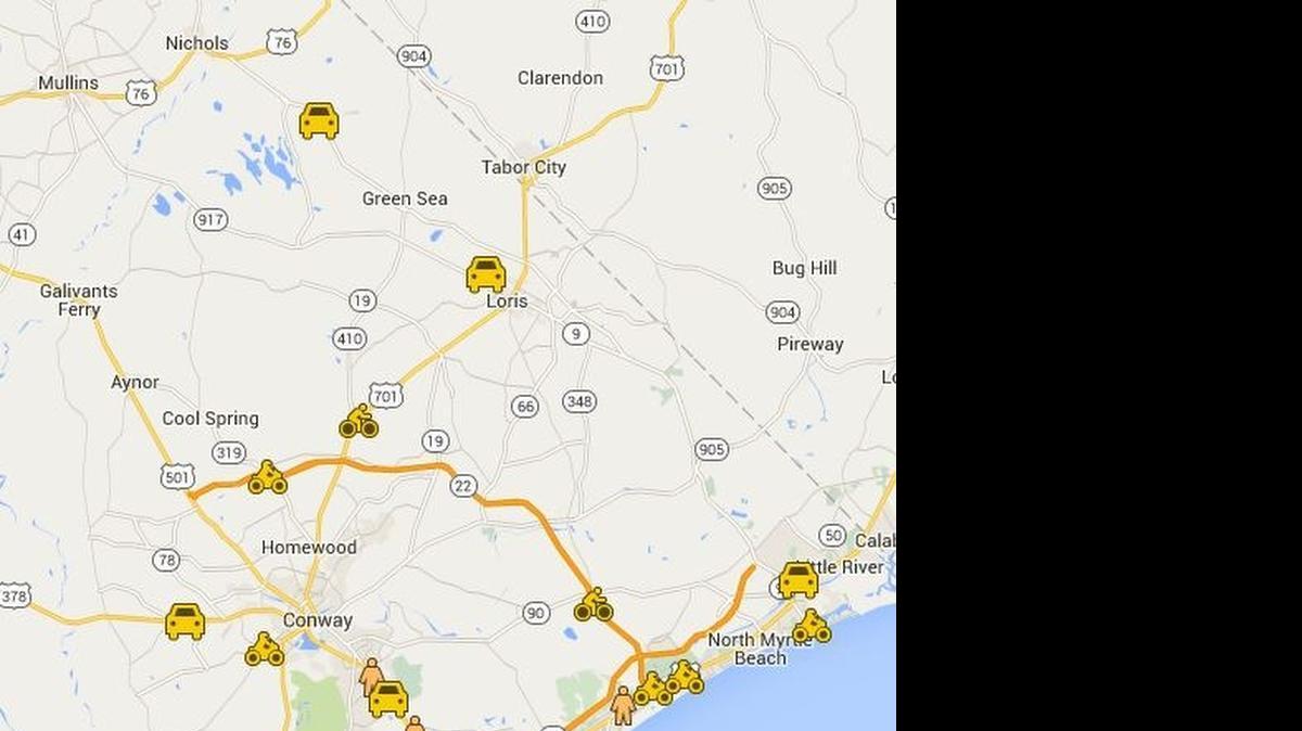 
This map shows the locations and circumstances of the 33 deaths that have occurred in Horry County through June 15, 2015.

