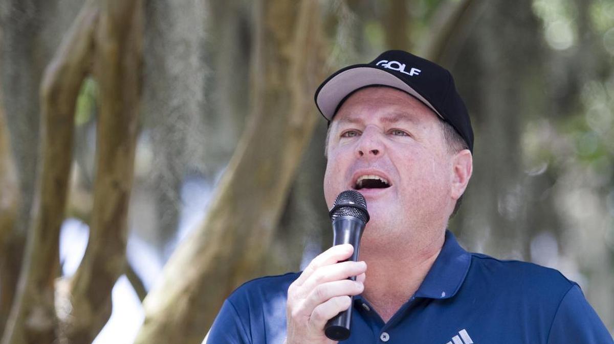 Charlie Rymer, formerly of Golf Channel, says a few words prior to the 2016 First Tee of the Grand Strand Future Generations Tournament at Caledonia Golf & Fish Club in Pawleys Island. The Fort Mill native and fellow former Golf Channel personality Kelly Tilghman of North Myrtle Beach have hosted the event.
