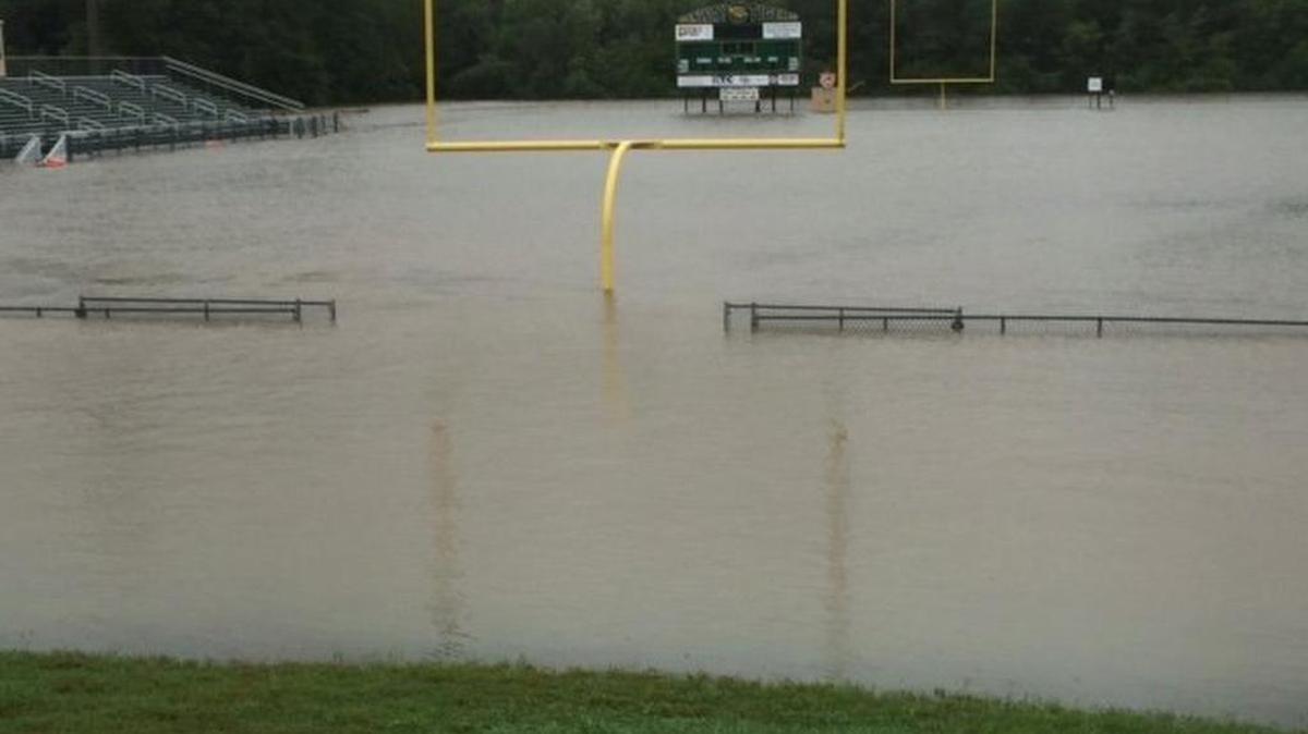 Conway High School’s football field under water during October flooding.