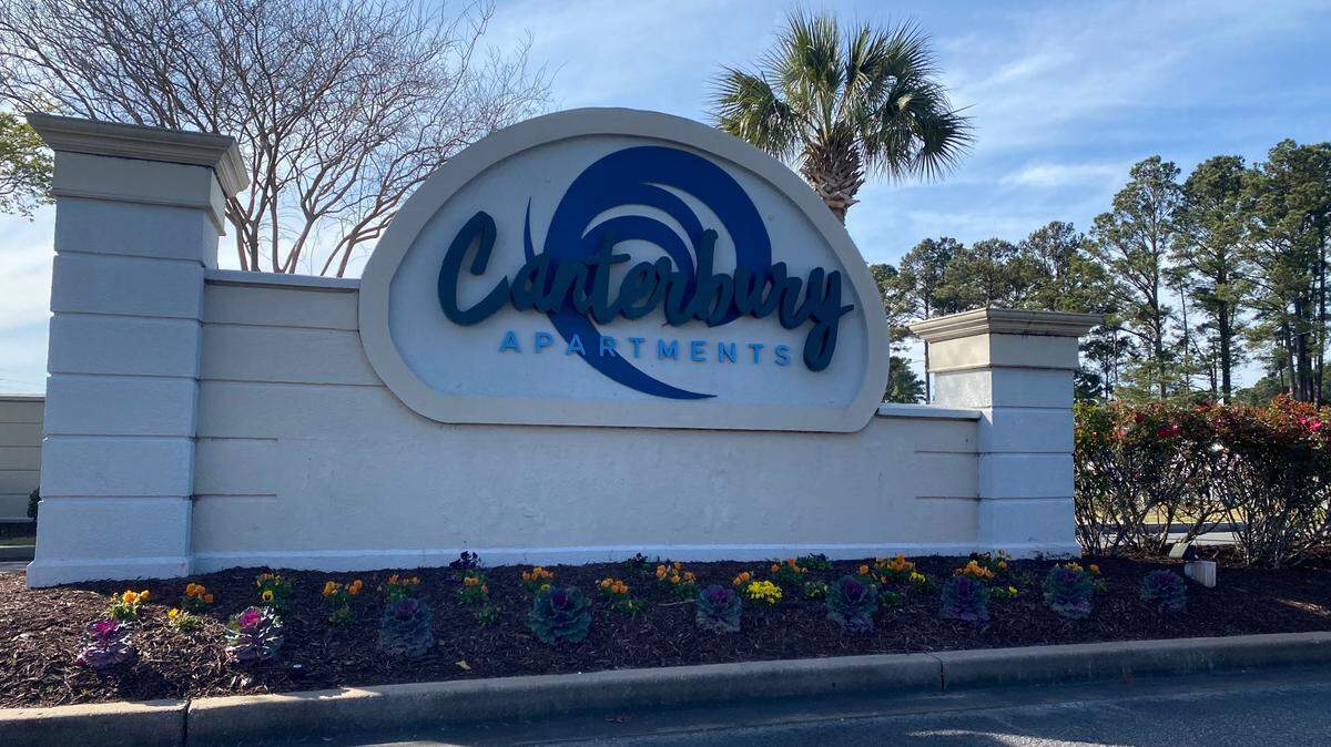 Sign of the Canterbury Apartments on Canterbury Road in Carolina Forest. Photo from March 21, 2023.