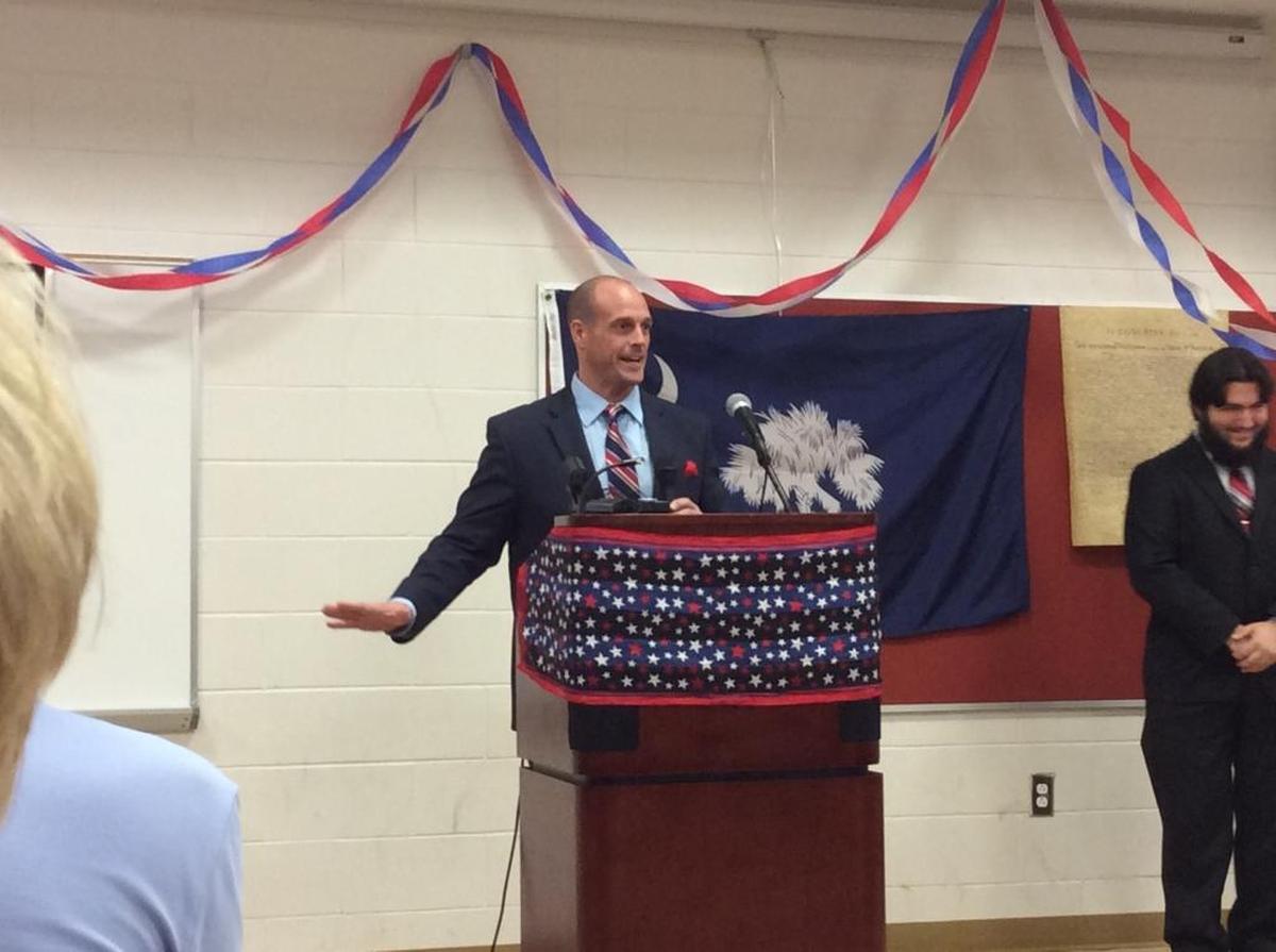 Dwyer Scott speaks to the audience during Wednesday’s District 56 debate in Carolina Forest.