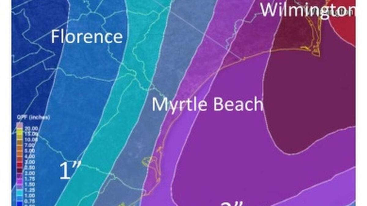 This graphic from the National Weather Service shows the predicted rainfall totals for the area that remains under a flood watch through 7 a.m. Tuesday.