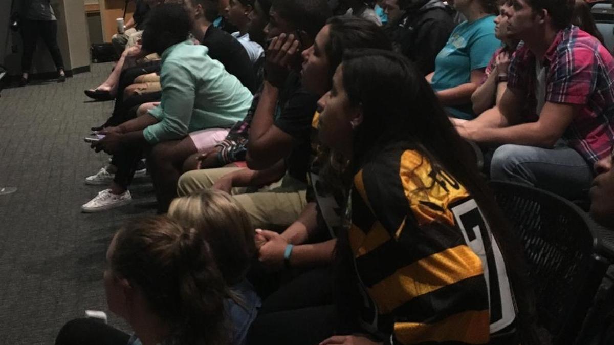 CCU fans and students watch an epic battle between the Chanticleers and the Arizona Wildcats unfold in the College World Series Thursday, June 30, 2016, inside CCU’s Student Union theater.