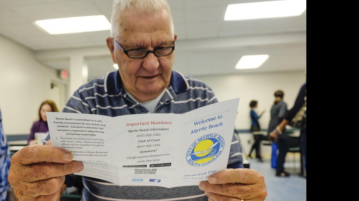 
Joe Parks of Murrells Inlet studies Memorial Day traffic loop information at a meeting for community ambassadors Wednesday. Community ambassadors get trained Wednesday on what will be expected of them as they work to greet the crowds in town for Atlantic Beach Bikefest.
