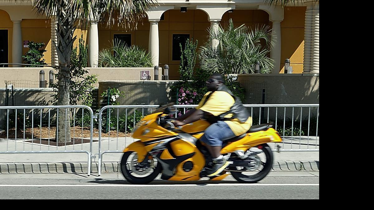 
The bicycle rack style barricades are being put in place along Ocean Boulevard in Myrtle Beach to separate pedestrian traffic from vehicle traffic during the busy Atlantic Beach Bikefest weekend.

