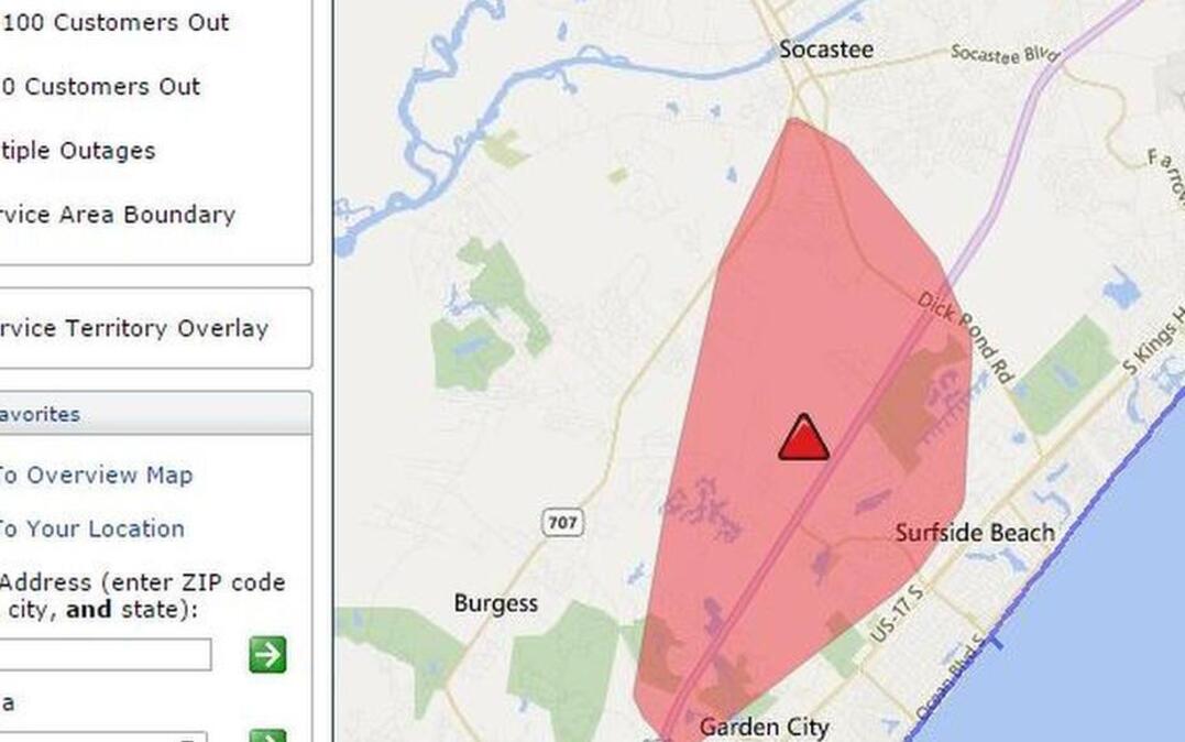 
Santee Cooper officials show an outage impacting 8,488 customers on their online reporting map on Wednesday, Aug. 19, 2015, in Horry County
