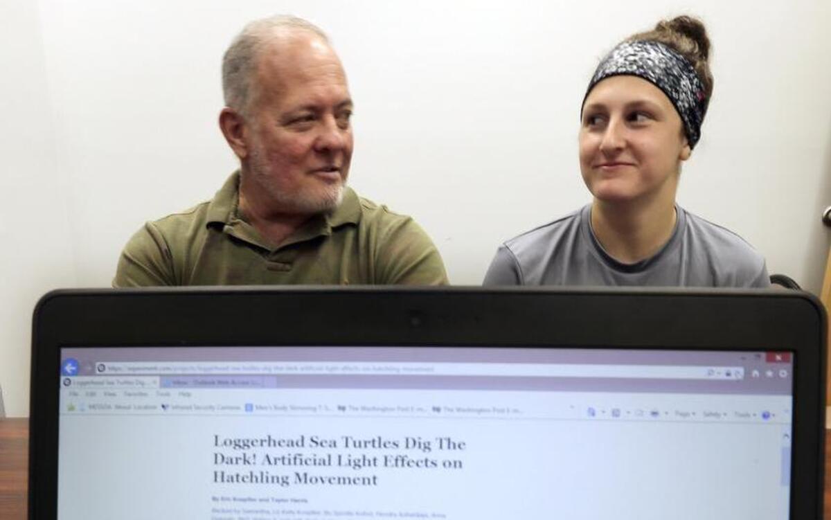 
Eric Koepfler (left) and Taylor Harris are successful in a crowdfunding campaign through Experiment.com for a study at Coastal Carolina University, they said on Friday, Aug. 21, 2015. The study involves artificial light effects on hatchling movements of loggerhead sea turtles. It was funded for $4,012, which includes a donation from Ripley's Aquarium. Harris said there are several teams of students prepared to sit at nesting sites from Waties Island to Pawleys Island to monitor how the hatchlings are affected by light from houses, streets and cities.
