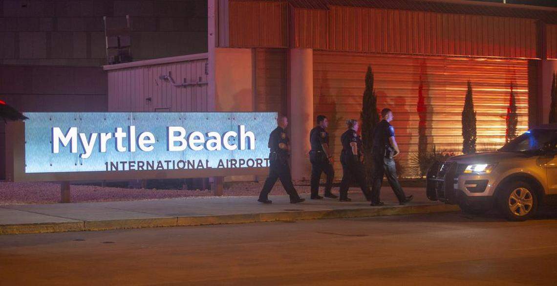 Myrtle Beach Fire, Horry County Fire Rescue and Airport Fire crews respond to a call at the Myrtle Beach International Airport. Emergency crews treated seven to 10 patients after a hazmat call on a plane that landed at the airport on Thursday night.