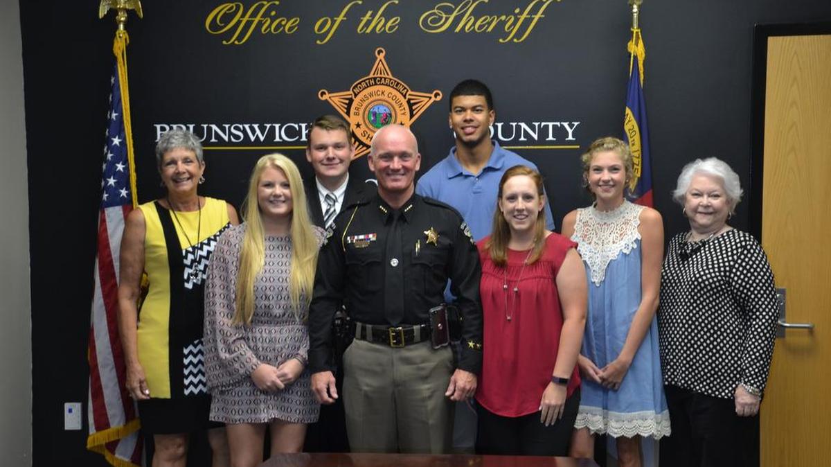 Pictured are from left to right: BSCF Chairwoman, Monique Stenquist, Haley Long, Grayson Stone, Brunswick County Sheriff John W. Ingram, V., Josh Woodard, Kathryn Flax, McKaylah Vining and BSCF Board of Directors member, Helen Pannello.