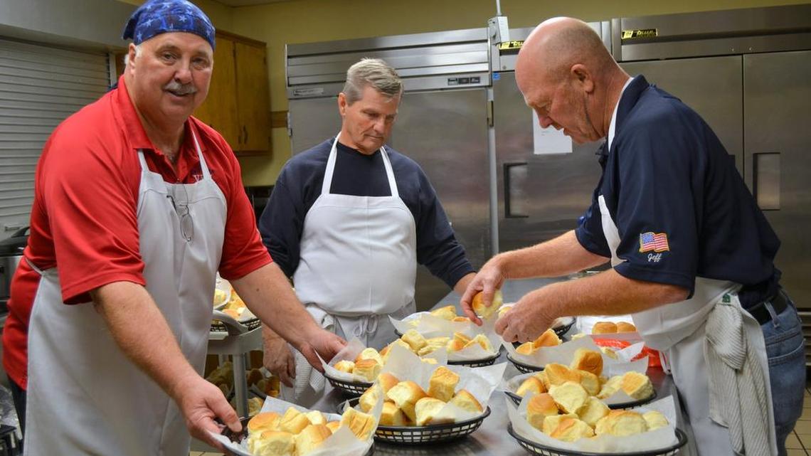 The dinner part of the World War II Dinner Party was provided by the Post and the Men’s Auxiliary. Pictured left to right are Wayne Spears, Pat Hinchliffe and Jeff Hayden.