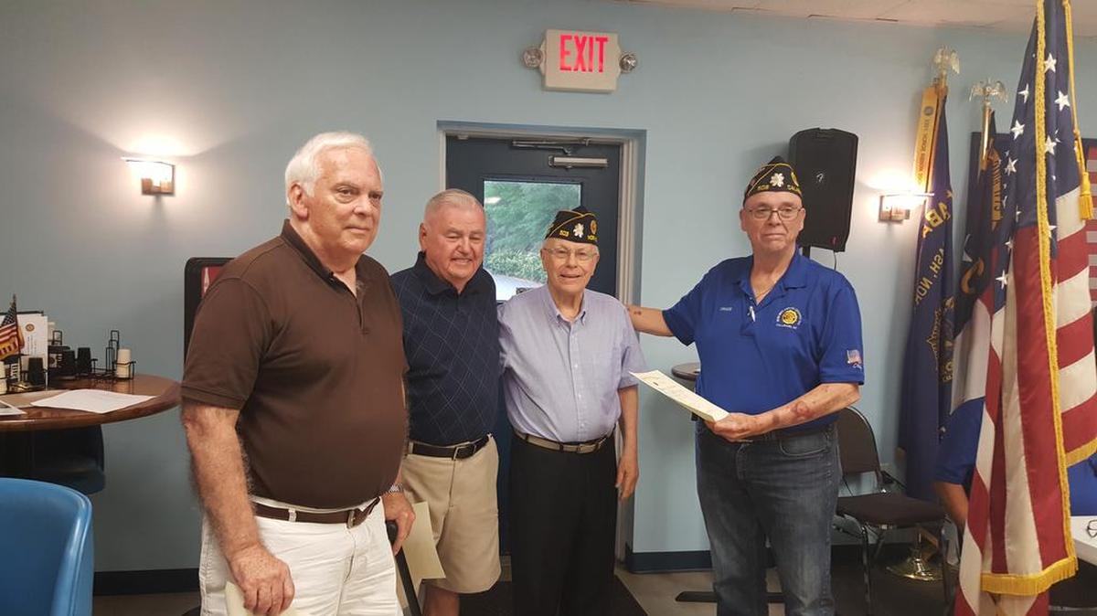 Legion Post 503, Calabash presented Continuous Membership Certificates to three members. This ceremony recognized their longtime service and support to the ideal principles and programs of the American Legion. Pictured left to right: Vincent Bianco 50 years, Richard Gravelin 50 years, Benedict Lee 60 years and presented by Commander Greg Sweetman.