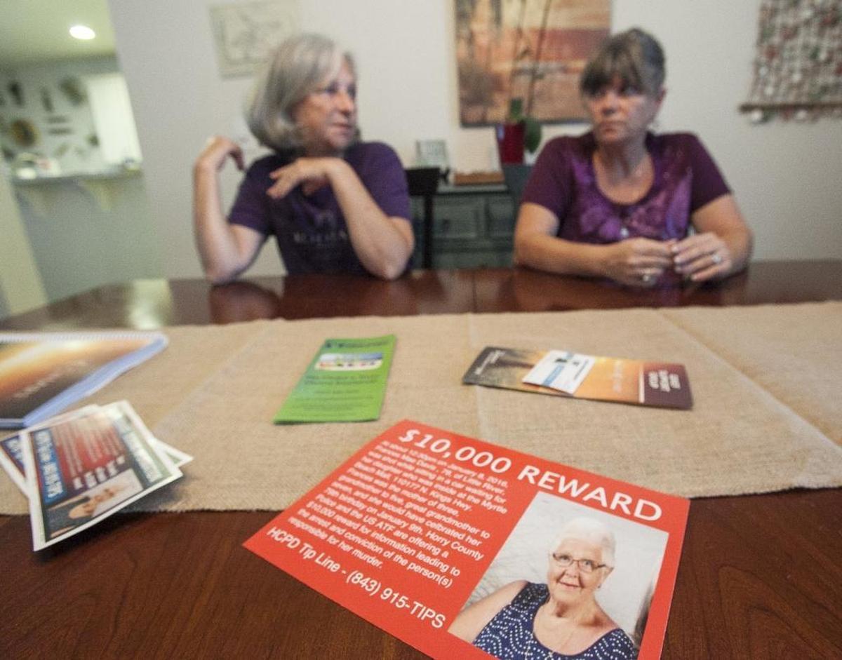 Shelly Wells and Michele Gagne, the daughters of Frances “Mae” Davis, talk about the reward of up to $20,000 being offered in hopes of finding their mother’s killer. Davis, 78-years-old, was shot and killed while sitting in her car a few minutes after noon in front of J.C. Penney at Myrtle Beach Mall on Friday, Jan. 8, 2016. Shelly Wells returned from shopping to find her mother slumped over.