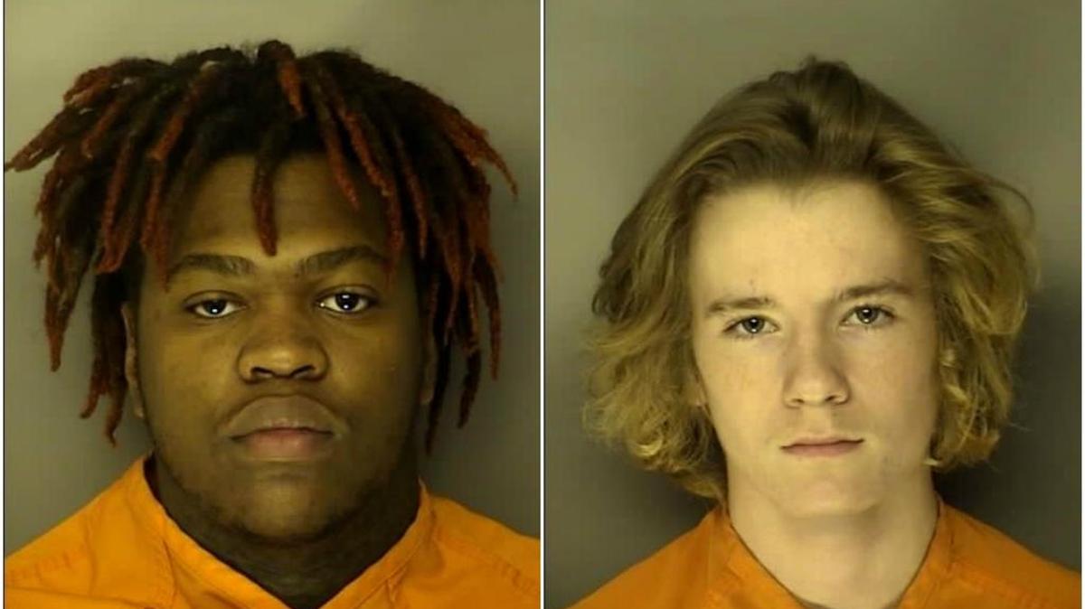 Dejavan Christopher Kimarrian Brown, left, and Jordan Thomas Hydrick, right, were arrested and charged with disturbing school after a fight broke out in the St. James High School parking lot.