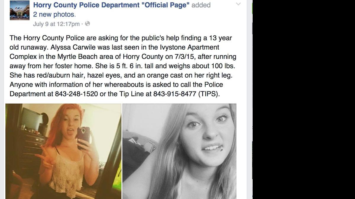 
Horry County police use Facebook to spread information on missing people, wanted suspects or daily events, such as this post about 13-year-old Alyssa Carwhile.
