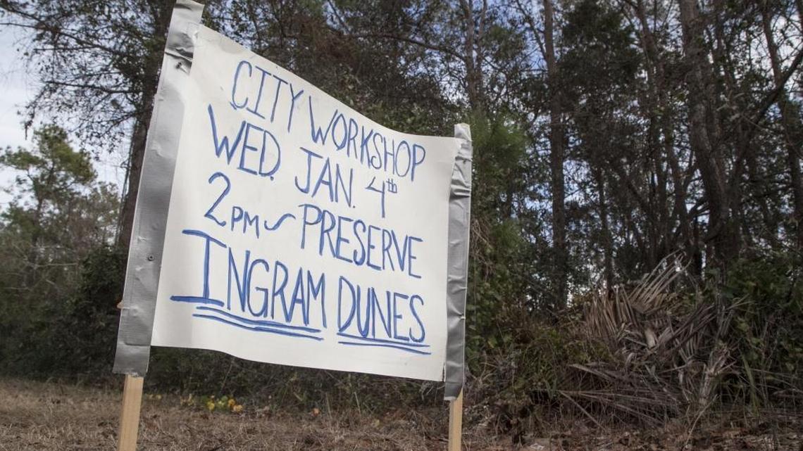 Some North Myrtle Beach citizens are protesting the development of Ingram Dunes. The nine acre track of undeveloped land off 10th Avenue South and Hillside Drive has been used as a walking path by local residents and is dotted with oak trees, pine forests, and sand dunes.