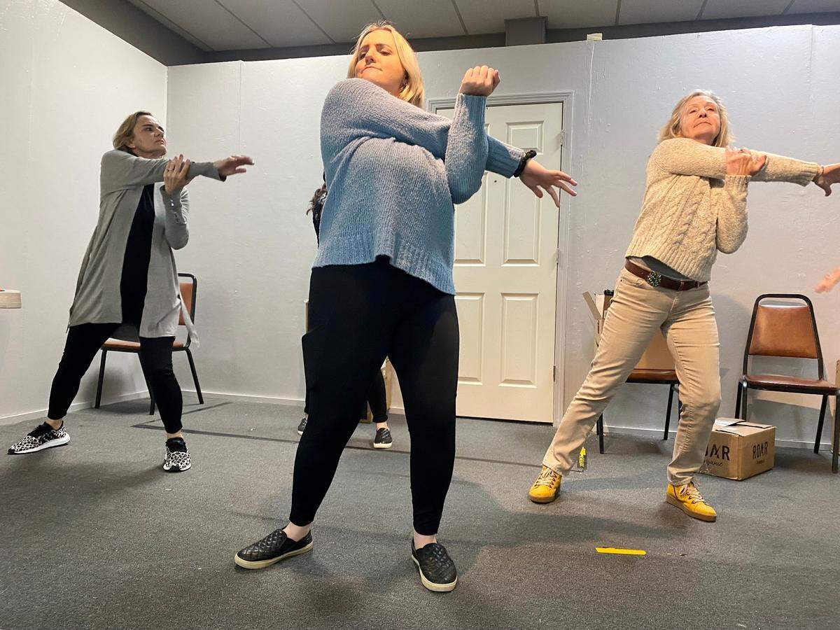 The cast of “Curtains Up!” hold rehearsal Monday at the Open Curtain Theater, located at the Moose Lodge on Burcale Road. Photo from March 13, 2023.