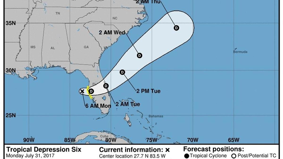 This graphic of Tropical Storm Emily’s projected path is provided by the National Weather Service office in Wilmington, N.C.