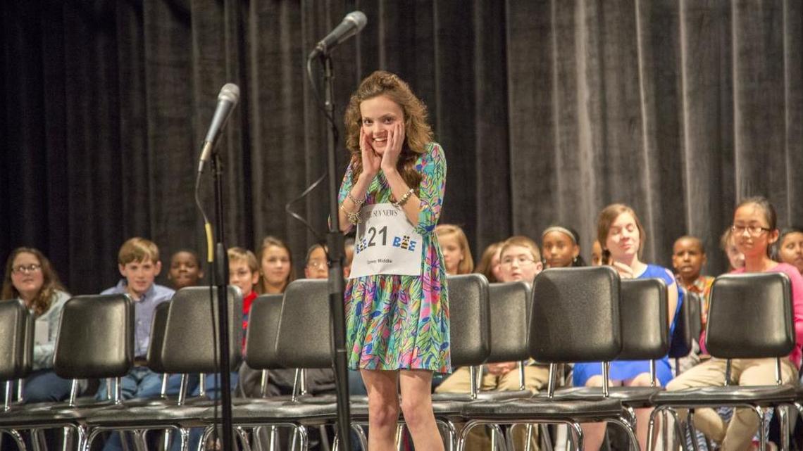 Gracie Benton of Conway Middle School won The Sun News 2015 Regional Spelling Bee in the 10th round of competition correctly spelling the word "pasquinade."