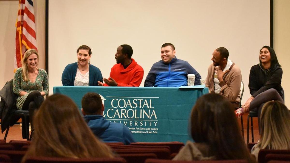 Coastal Carolina student Brendan McPherson and other panelists discuss a question posed by an audience member during last week’s forum dealing with matters of race on campus.