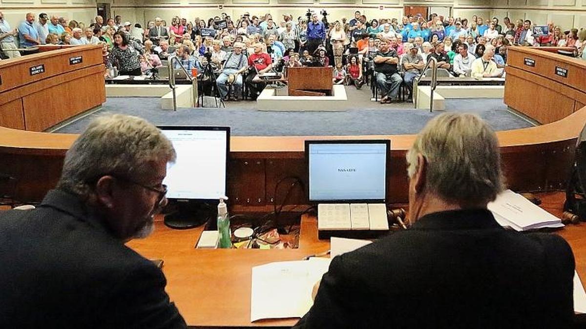 Hundreds gather at an Horry County Schools meeting relating to transgender students bathroom use on Monday, May 2, 2016. As the board was in executive session the group began singing and praying until a woman stood to ask why all students shouldn't have the same rights. Her questions and responses to their questions were occasionally drowned out by singing and shouting. When the board reconvened, it approved a resolution to follow the Title IX ruling but support a Virginia school district challenging the ruling.