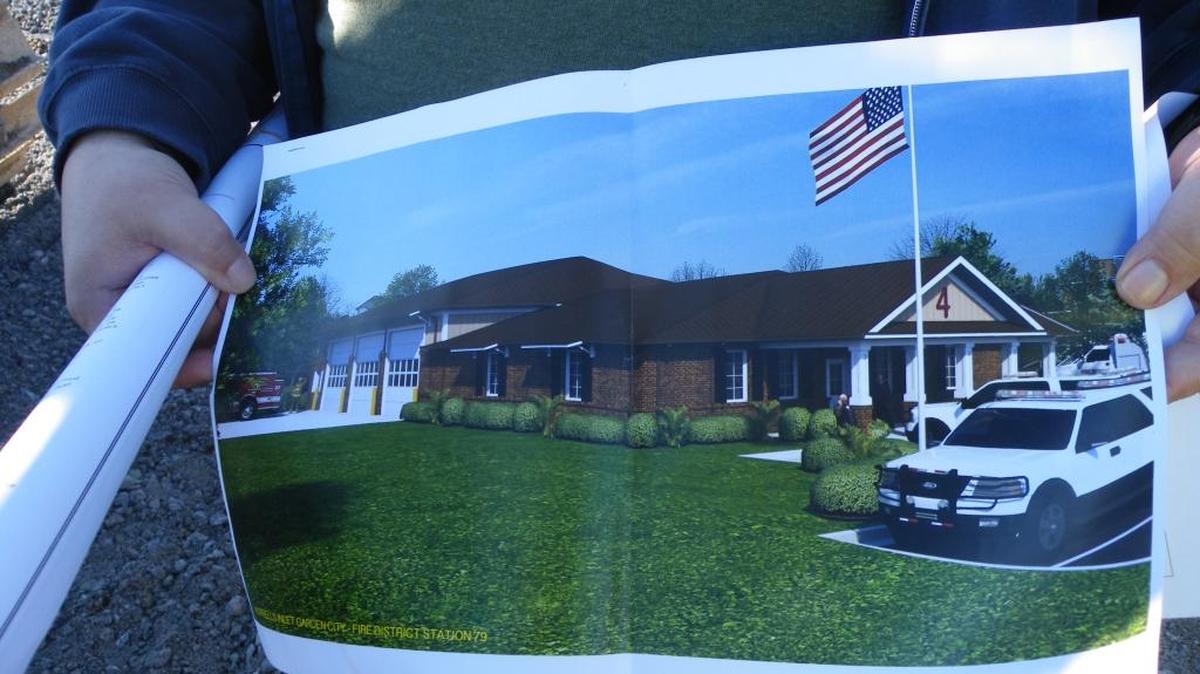 Clint Smith of Hanco of SC, Inc., general contractors, during a groundbreaking ceremony Friday displays an architectural rendering of what the new Murrells Inlet-Garden City District fire station No. 79 will look like when completed later this year. The 4,100-square-foot station is being constructed on McDowell Shortcut Road between Tournament Boulevard and S.C. Highway 707.