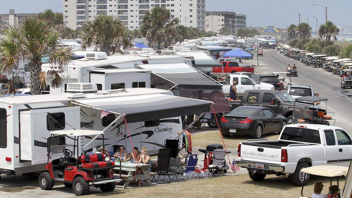 A crowd is evident after check-in time at Ocean Lakes Family Campground in Myrtle Beach.