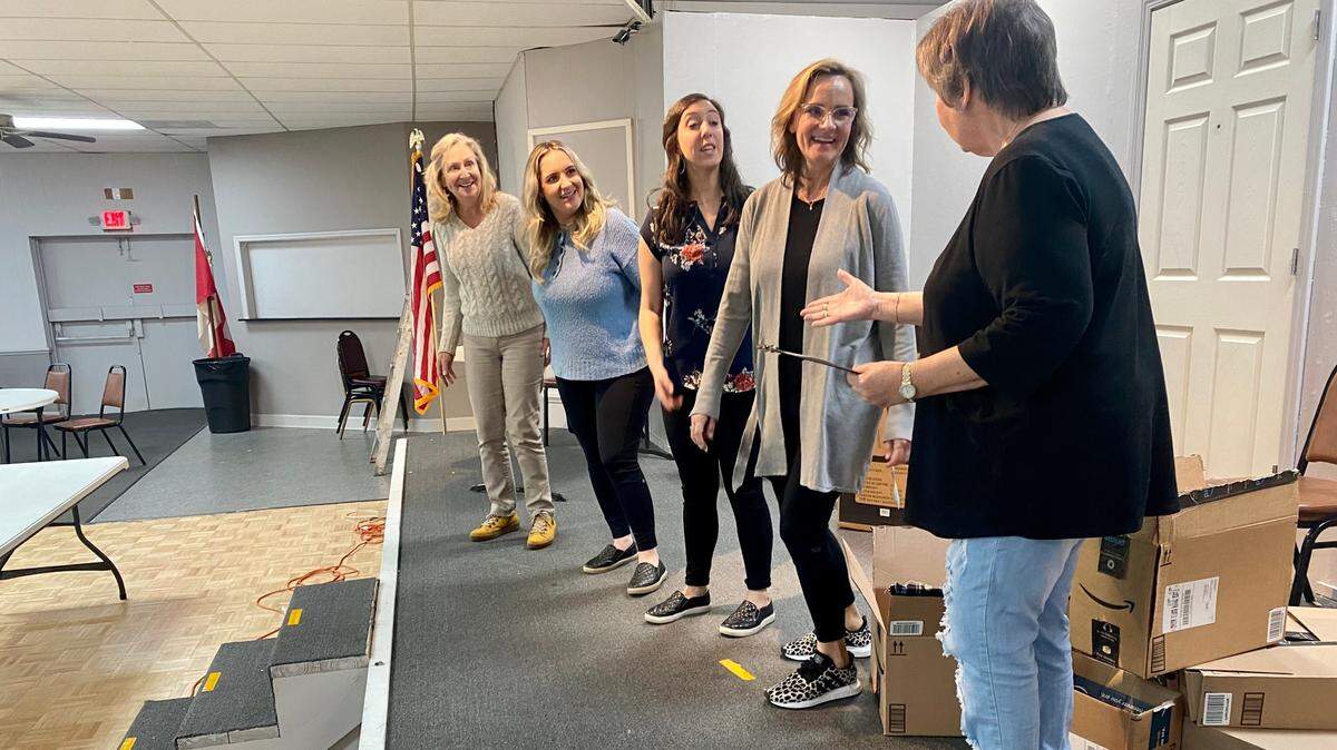 The cast of “Curtains up!”, including Kathleen Katibah, Geraldine Wason, Jill Bennett, Kathy Kenney and Regina Erpenbeck, rehearse March 13 at the Moose Lodge, located at 479 Burcale Road. “Curtains Up!” will be performed April 13 through 23.