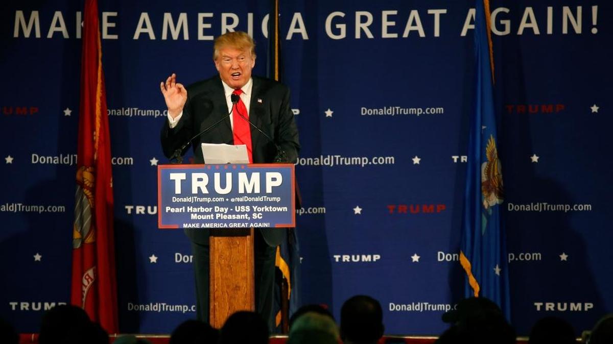 Republican presidential candidate, businessman Donald Trump, speaks during a rally coinciding with Pearl Harbor Day at Patriots Point aboard the aircraft carrier USS Yorktown in Mt. Pleasant, S.C., Monday, Dec. 7, 2015. (AP Photo/Mic Smith)
