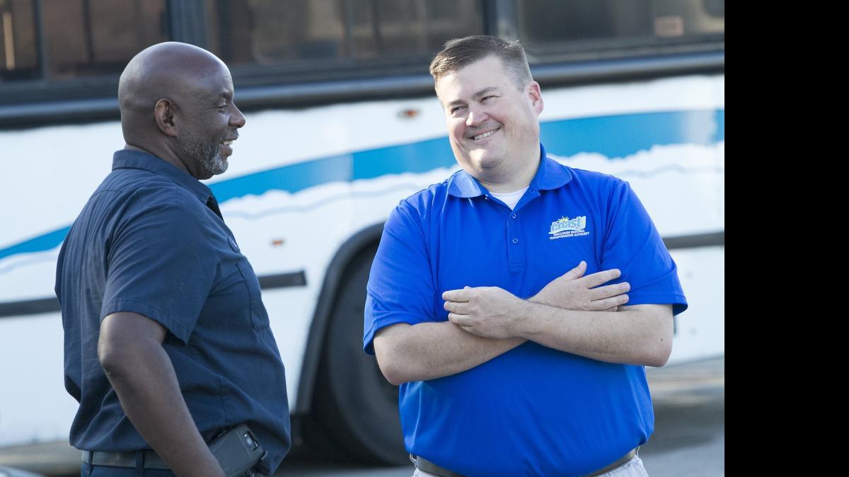 
Coast RTA’s new GM/CEO Brian Piaseik is pictured with Maintenance Shift Supervisor Lonnie Reaves. Piascik reviewed Coast’s finances, drafted a 2016 budget and had it approved Wednesday, June 24, 2015.
