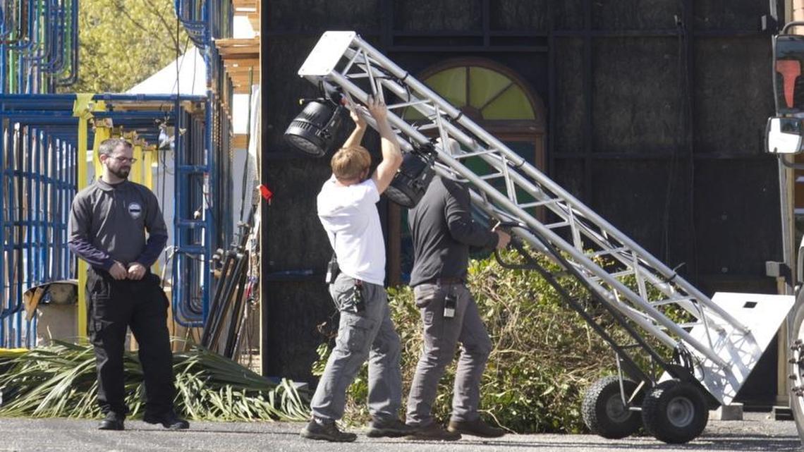 Crews work to build a set for an ABC television show “The Death of Eva Sofia Valdez” at the site of the former J. Edwards restaurant in Myrtle Beach.