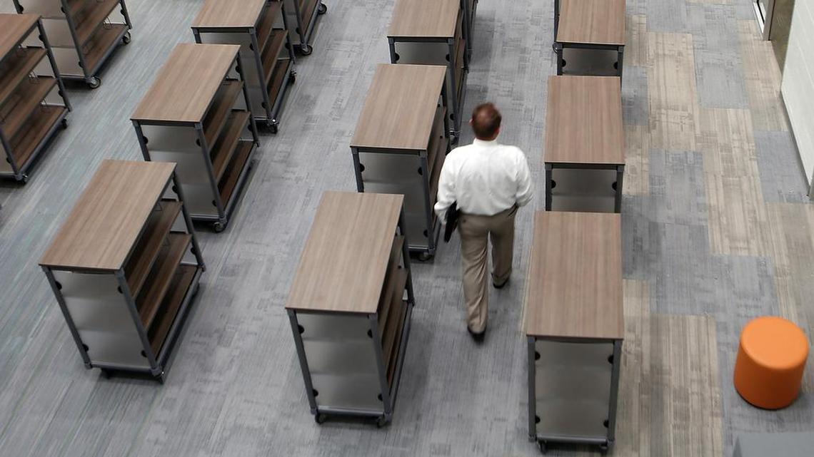 Empty library shelves are shown in this 2017 file photo of the then-new Socastee Elementary School in Myrtle Beach.