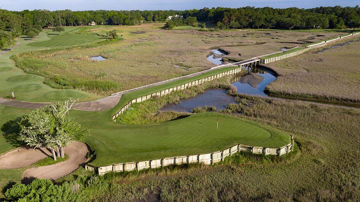 An aerial view of the 13th green at Pawleys Plantation Golf and Country Club. It closed on May 22, 2023 for four months’ worth of improvement work.