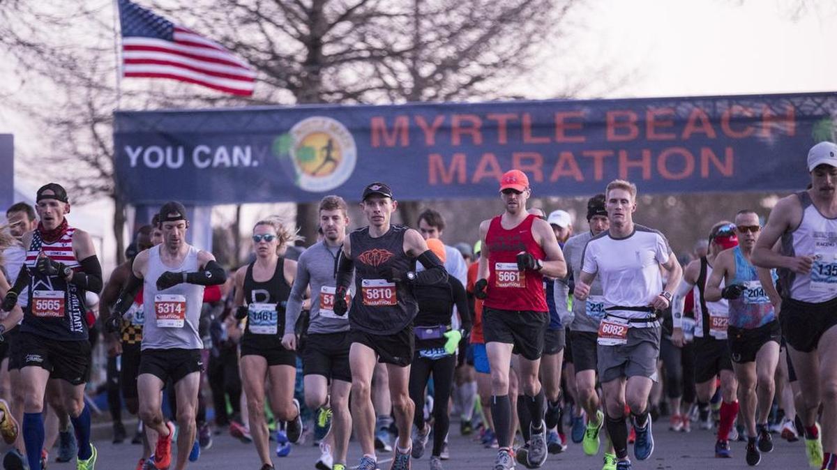 Runners leave the starting line for the 21st Annual Myrtle Beach Marathon. The race was held Saturday in blustery conditions with 4,454 runners participating the marathon, half marathon, relay, and 5K events. March, 2 2018.