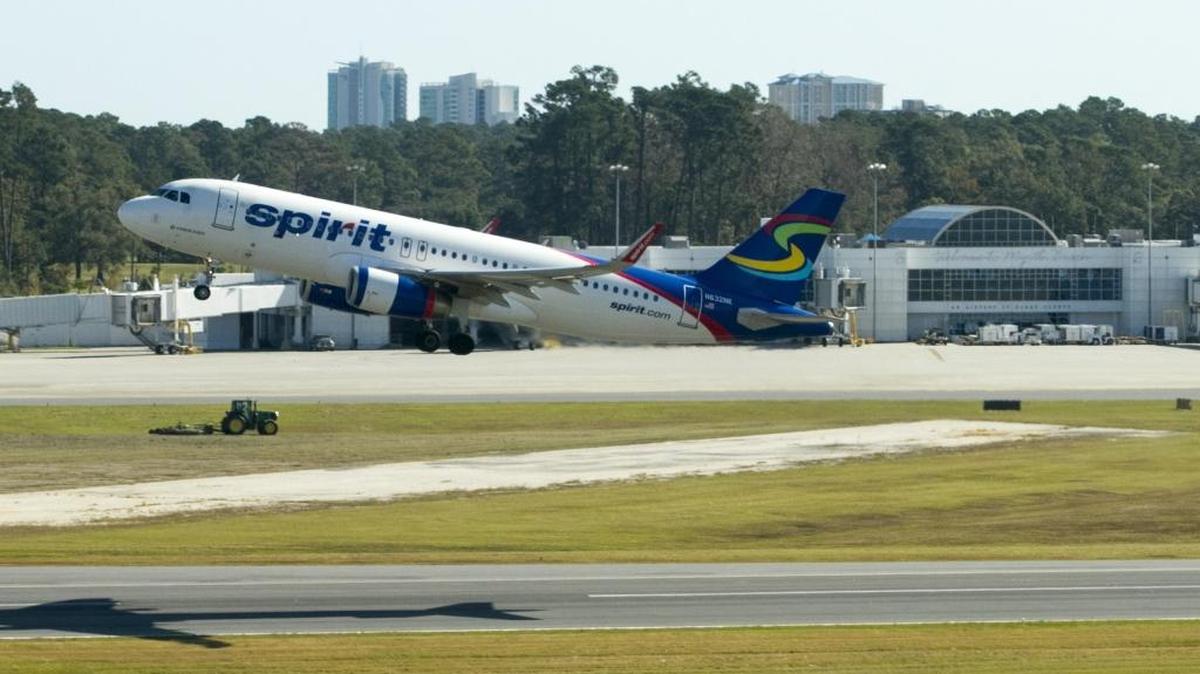 A Spirit Airline's flight departs Myrtle Beach International Airport.