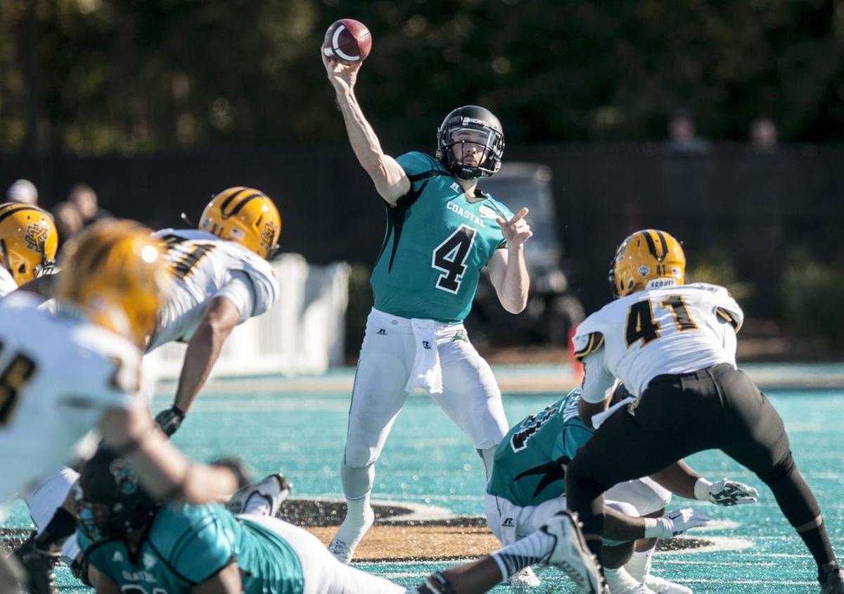Alex Ross became the Big South all time leader in total offense against Kennesaw State on Nov. 14, 2015 during a 45-13 win at Brooks Stadium in Conway.