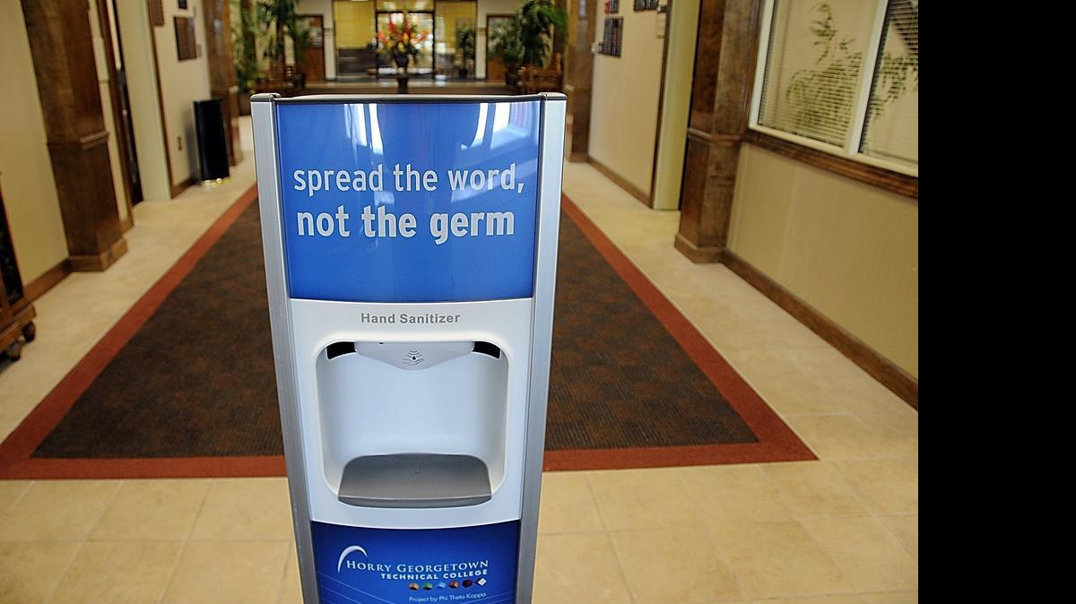 
These free standing hand sanitizers are being installed at the building entrances that have open foyers on the Horry Georgetown Technical College Conway campus.
