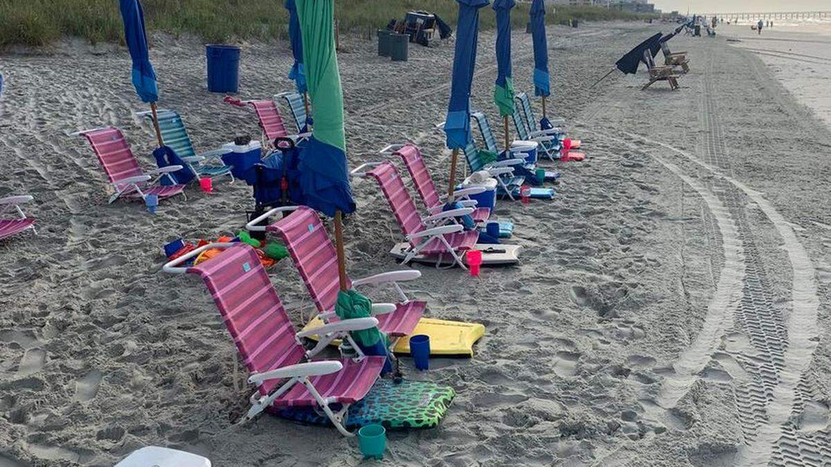 A recent set-up by Cherry Grove Beach Gear in North Myrtle Beach. The company is now now restricted from installing rental equipment on beaches following a June 22, 2022 vote by the City Council.