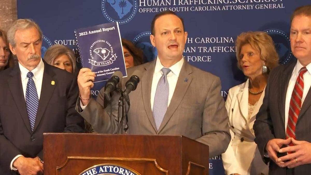 South Carolina Attorney General Alan Wilson announces findings from the state’s 2022 Human Trafficking Task Force on Jan. 9, 2023.