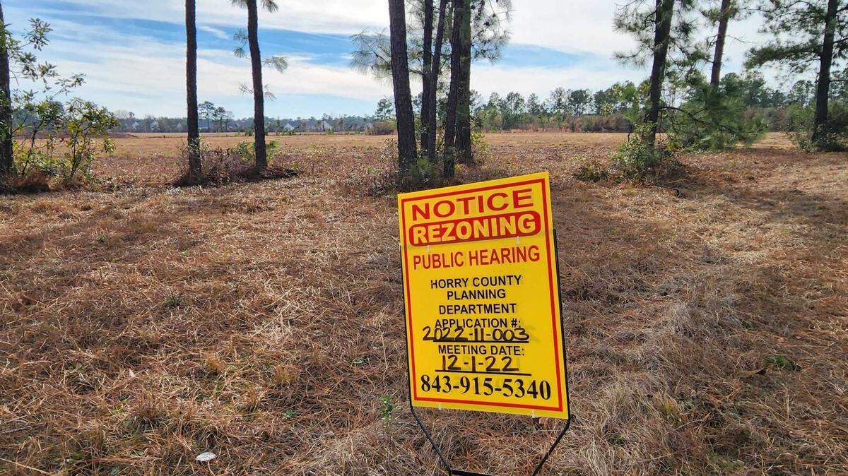 A proposed rezone for 20 acres along Legends Drive that would allow for a mixed-use development including new apartments was deferred by the Horry County Council on Jan. 10, 2023.