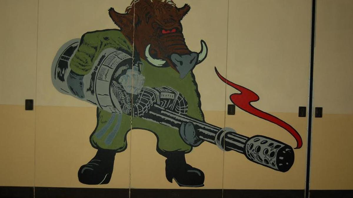 This photo shows one of the murals that Diane Moscow-McKenzie noticed several years ago inside the flight training facility of the Myrtle Beach Air Force Base. This artwork depicts the nickname of the A-10 fighter jet, the Warthog, part of the air base’s inventory starting in the late 1970s – and the nickname of Palmetto Academy of Learning and Success charter school in Myrtle Beach.