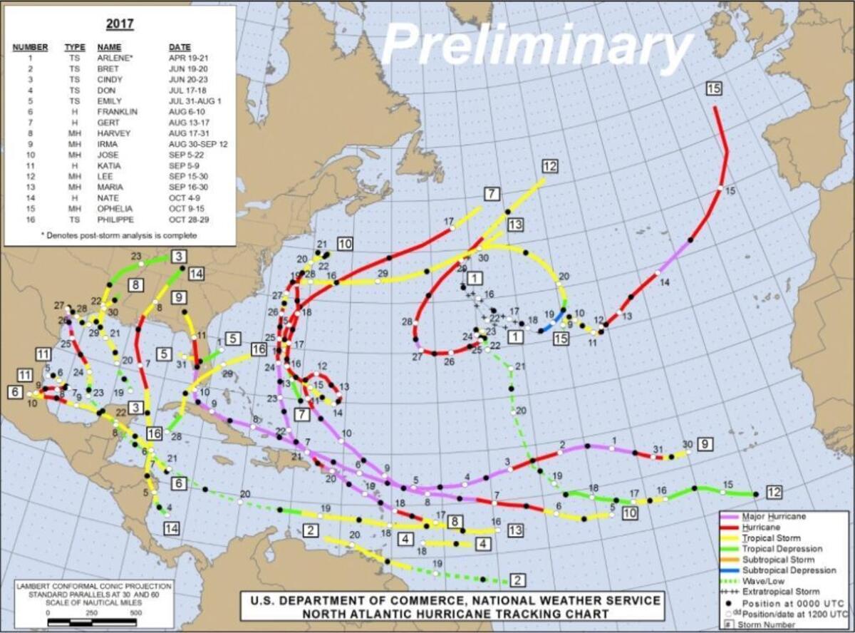 This map from the National Oceanic and Atmospheric Administration’s National Hurricane Center shows 16 of the 17 named storms from the 2017 Atlantic hurricane season. A tropical depression turned into Tropical Storm Rina on Nov. 6, 2017.
