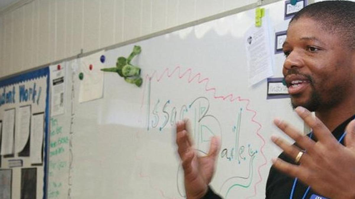 
Issac Bailey speaks to young writers at Forestbrook Middle School.
