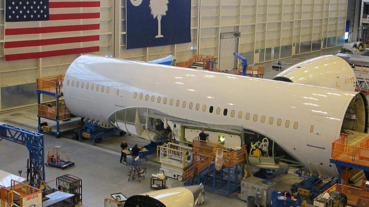 Workers assemble Boeing 787 Dreamliners in the company's massive assembly plant in North Charleston.