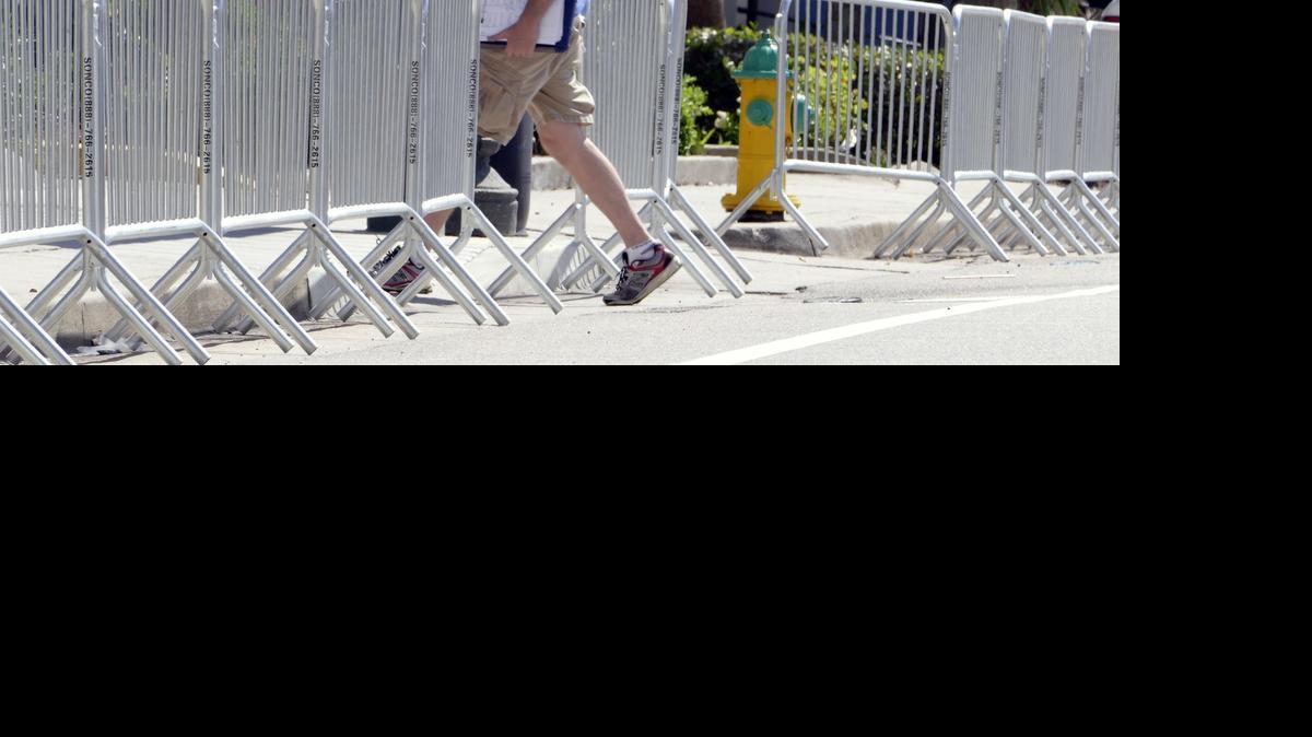 
The bicycle rack style barricades being put in place along Ocean Boulevard in Myrtle Beach to separate pedestrian traffic from vehicle traffic during the busy Atlantic Beach Bikefest weekend.
