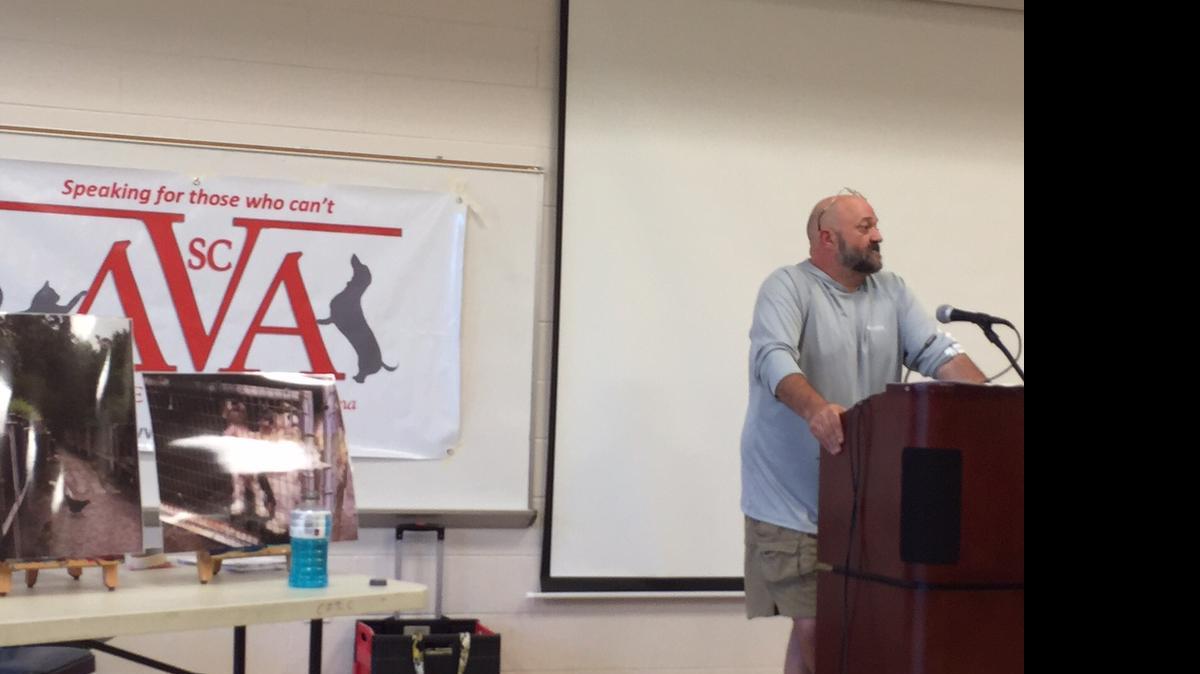 
Jon Peret, an adoption coordinator and volunteer at All 4 Paws, speaks to those in attendance Wednesday night at the Animal Voice Alliance meeting in Carolina Forest. The group organized after a Conway puppy mill case and plan to work on strengthening animal welfare laws.
